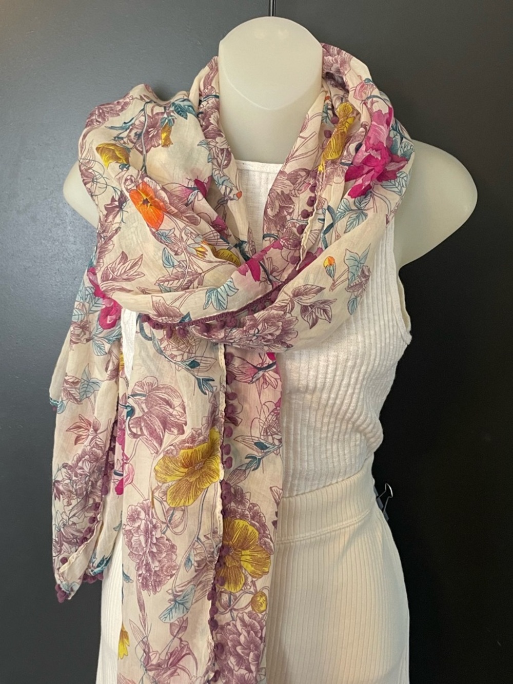 Boho Floral Sheer Scarf Shawl Wrap Pom Trim Cottagecore Romantic Lightweight